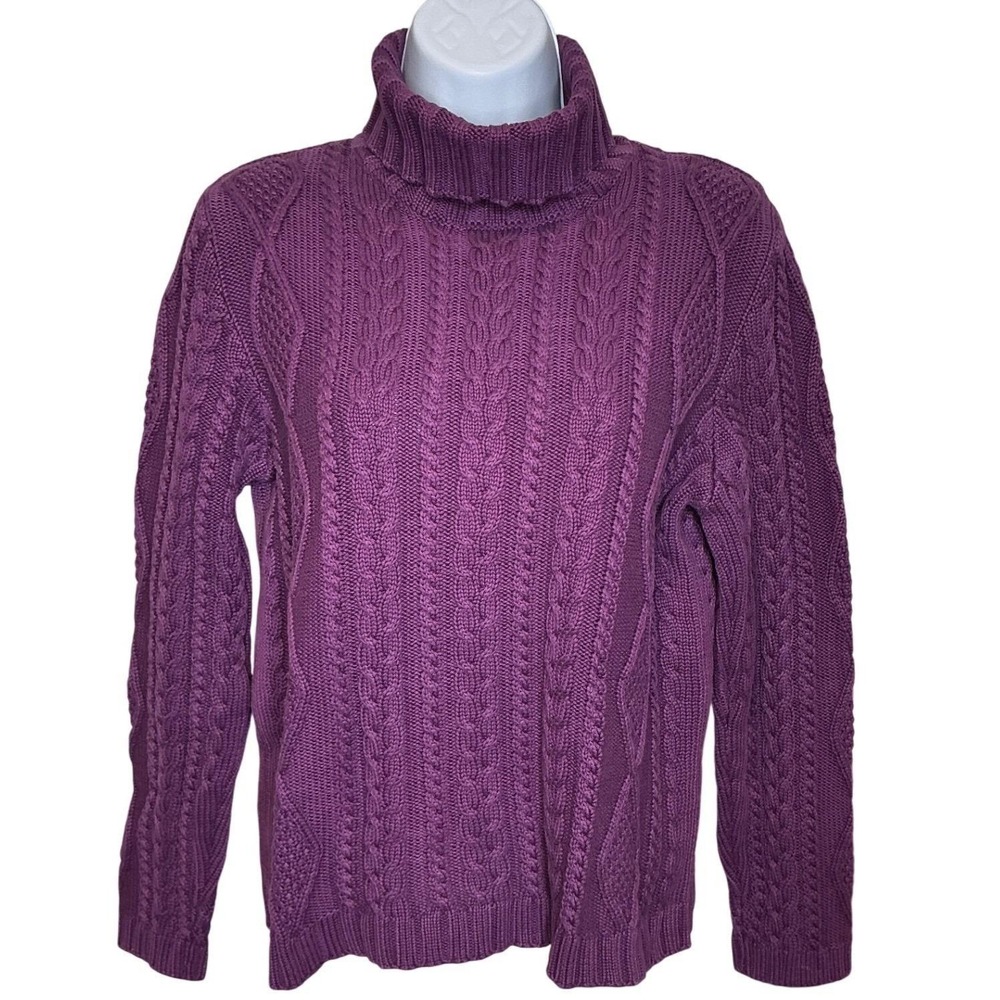 VTG 80s Splendor! Purple Cable-Knit Turtleneck Sweater S Fisherman Chunky Cozy‎